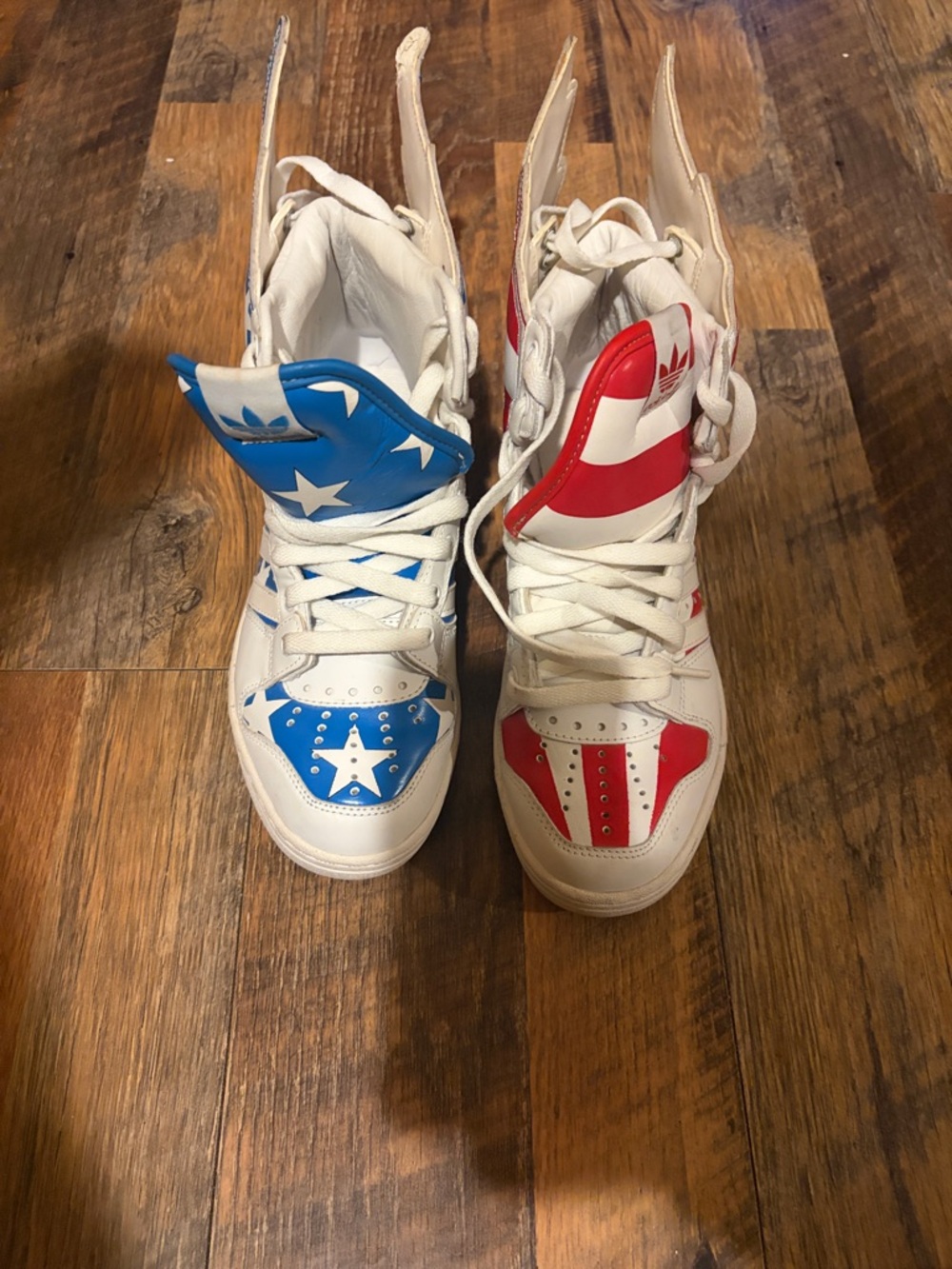 Adidas Jeremy Scott Kids Winged High-Tops in White with Red & Blue Accents - Picture 3 of 5